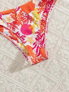 New Vibrant Orange Ocean Themed Bandeau Split Sexy Bikini - Burnt Orange - View 5