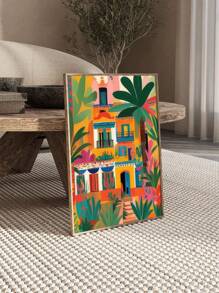 1pc Unframed, Vibrant Mexican Architectural Poster With Colorful Floral And Plant Landscape Canvas Printing, Mural For Home Decoration