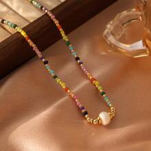 1pc Stainless Steel 18K Layered Pearl Beaded Necklace, Fashionable & Formal, Suitable For Party, Dating, And Work Wear - Yellow Gold - View 4