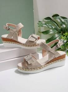 Sandálias femininas plus size com fivela de diamante e decoração de dedo do pé, fundo de corda, sola grossa, estilo praia, férias, bege, sandálias romanas de verão versáteis e confortáveis - Bege - Ver 6