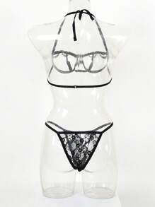 Sexy Embroidered Flower Strappy Erotic Bra Set - Red - View 7