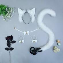 Faux Animal Ear, Tail, Lace Hand Bracelet & Necklace Bell Fluffy Cosplay Props Headband Set