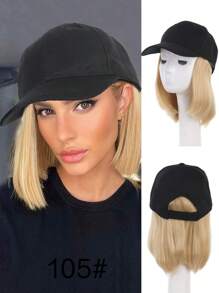 Gorra de béisbol con peluca para mujeres, gorra de béisbol negra con extensiones de cabello sintético rubio liso de 10 pulgadas, gorra de béisbol negra ajustable con peluca tipo bob de cabello rubio, negro y marrón, adecuada para mujeres y niñas
