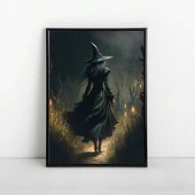 1 Pc Canvas Painting, A Beautiful And Elegant Halloween Witch's Back View, A Modern Retro Printed Poster With A Horror Theme Decoration Style, An Ink Painting Style Work Of Wooden Frame Canvas, A Portrait Witch Room Decoration, Suitable For Living Rooms, Bedrooms, Home Offices, And Indoor Witch Decoration, Wooden Framed Art,High Quality ,Thickness 2. 25cm/1inch Wall Art Prints Poster Direct Hanging Decor For Home Gifts,Living Room, Bathroom, Bedroom, Kitchen,Bar,Office - 黑色 - 查看 6