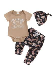 Baby Cowboy Outfit 3Pcs Set, Letter Print Romper, Boot Jeans  Hat Western Newborn Boy Clothes For Summer - 卡其色 - 查看 6