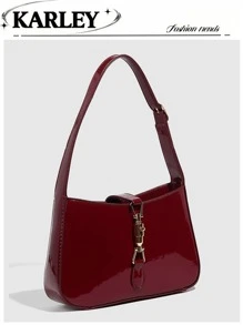 1pc Burgundy Lacquered Leather Handbag, A Simple Lock Closure Square Bag, Shoulder Bag, Vintage Wine Red, Black, Lacquered Leather Small Square Bag, Underarm Bag, Gift Bag, Suitable For All Women, Fashionable Burgundy Bag , Burgundy Bag - Multicolor - View 1