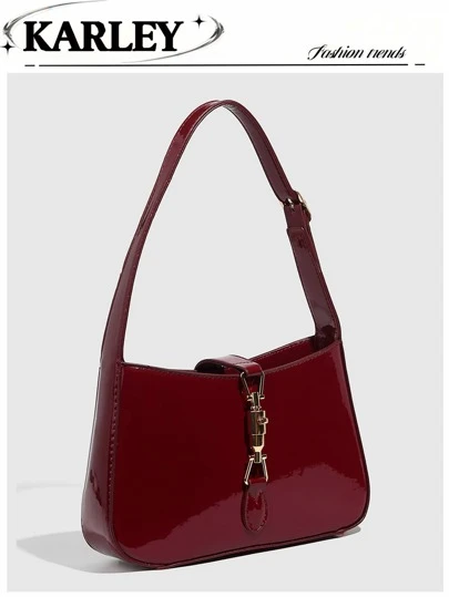 1pc Burgundy Lacquered Leather Handbag, A Simple Lock Closure Square Bag, Shoulder Bag, Vintage Wine Red, Black, Lacquered Leather Small Square Bag, Underarm Bag, Gift Bag, Suitable For All Women, Fashionable Burgundy Bag , Burgundy Bag