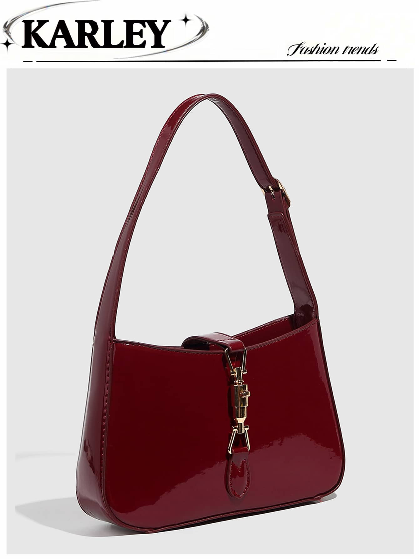 1pc Burgundy Lacquered Leather Handbag, A Simple Lock Closure Square Bag, Shoulder Bag, Vintage Wine Red, Black, Lacquered Leather Small Square Bag, Underarm Bag, Gift Bag, Suitable For All Women, Fashionable Burgundy Bag , Burgundy Bag - Multicolor - View 1