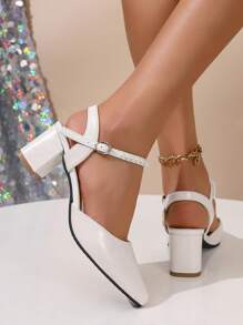Fall/Winter 2025 Women's Solid Color High Heel Pumps, Fashion Pearl Decor Elegant Thick Heel Formal Dress Shoes, Square Toe Ankle Strap Sandals, Pointed Toe Strap Hollow Mid Heel Sandals, Beige High Heel Sandals, Open Back Sandals Suitable For Dresses Cheongsam, Dance Shoes,Elegant,Elegant - Beige - View 8