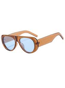 Visivana 1pc Oversized Oval Fashion Glasses, Fashion Retro High-End Glasses, Wide Frame Color Blocking Boho Vacay Vacay Vibes For Summer Beach Vacation,Outdoor,Travel - Brown Frame Blue Film - View 5
