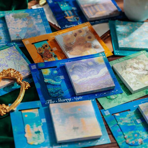 Conjunto de marcadores criativos com pintura a óleo de Van Gogh, Monet, pintura mundialmente famosa, noite estrelada, nenúfar, girassol, íris, impressão do nascer do sol, nota adesiva, material escolar, volta às aulas