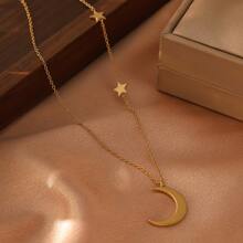 1pc 18K Stainless Steel Star & Moon Design Chain Necklace, Fashionable Jewelry Suitable For Festivals, Parties, Dates, And Office Wear - Yellow Gold - View 10