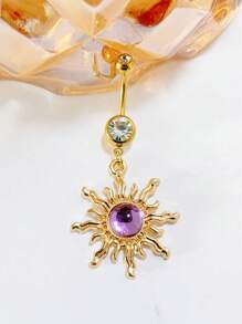 1 Pc Fashionable Rhinestone Sun Style Belly Button Ring For Women, Sexy Beach Holiday Sweet & Cool Navel Piercing Jewelry Stainless Steel Body Piercing Accessories