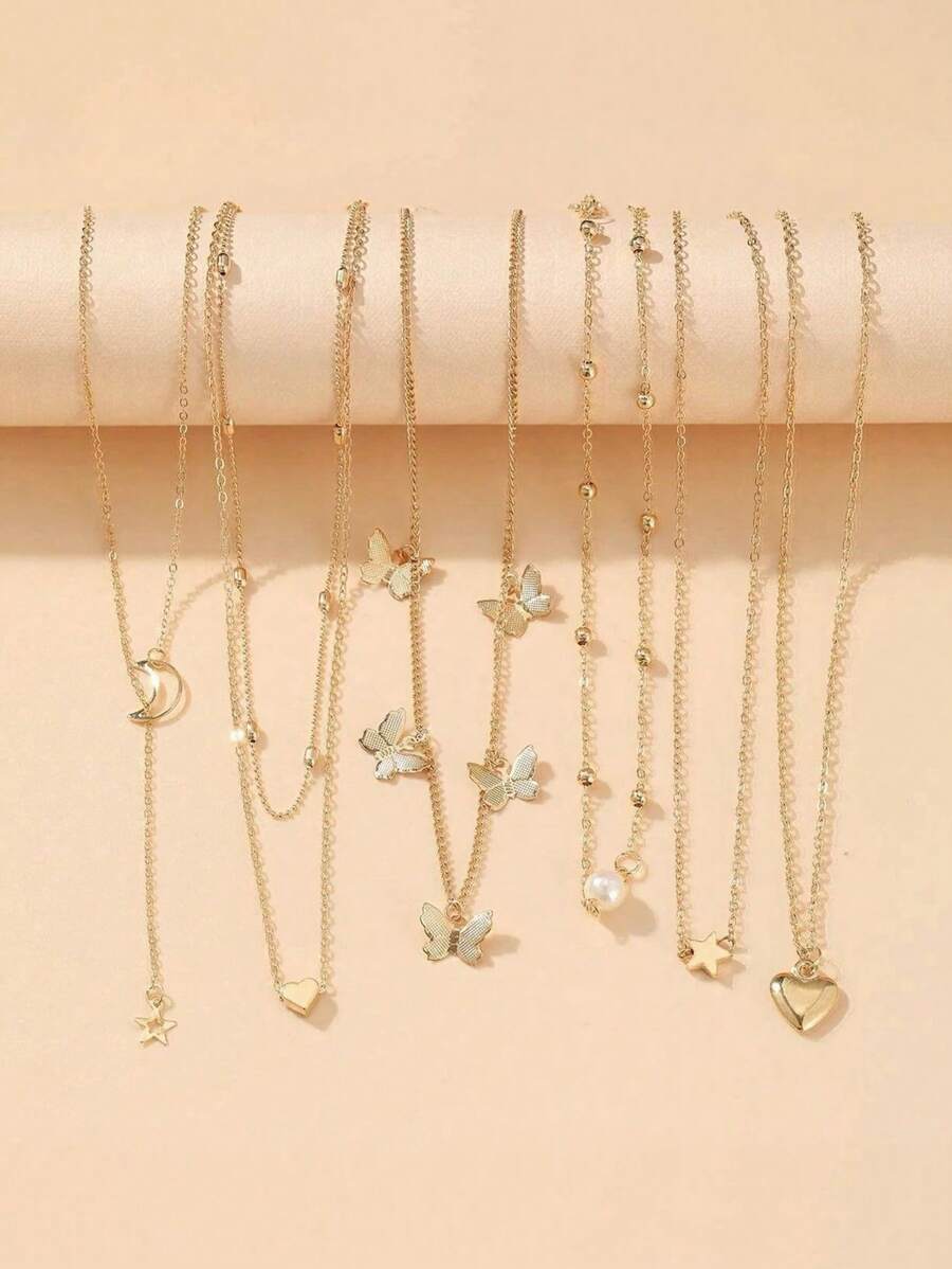 6 Piece Fashion Butterfly, Heart, Star, Moon Necklace Set, Versatile Everyday Accessory For Girl