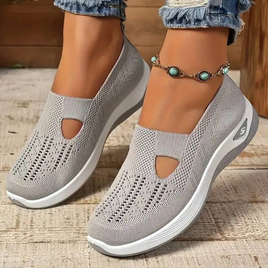 Teal Lightweight Breathable Knit Slip-On Sneakers - Comfortable Walking Shoes With Detail, All-Season Flat Sports Shoes For Large Size Ladies - 灰色 - 查看 1