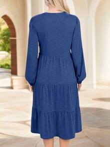 SANOPY Dresses For Women,Casual Dresses For Women,Long Dresses For Women,Chic Casual V Neck Long Sleeve Midi Dress Loose Fit Tiered Dresses - 藏蓝色 - 查看 2