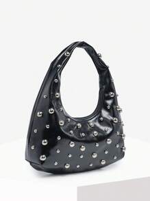 1 件女士复古朋克波西米亚风格海洋装饰沙滩包，钩编铆钉油蜡 PU 皮革大容量单肩斜挎包，适合外出、派对和日常穿着 - 黑色 - 查看 2