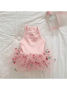 Cute Sweet Princess Style Pet Dress, Fashion Dog/Cat Knit Mesh Patchwork Vest Dress, Suitable For Small To Medium Pets - Pink - View 1