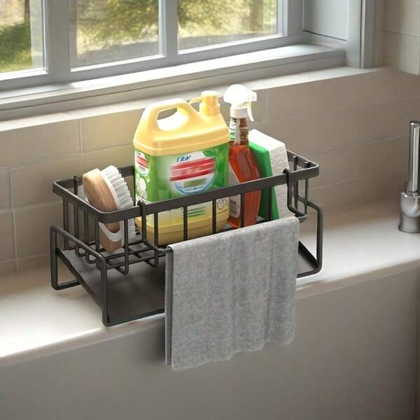 Metal Kitchen Drain Rack For Drying Tableware And Utensils Drain Rack, Kitchen Bathroom Sink Storage Rack, Sponge Dish Soap Dishcloth Brush Rag Draining, Kitchen Bathroom Countertop Storage Box, Kitchen Accessories