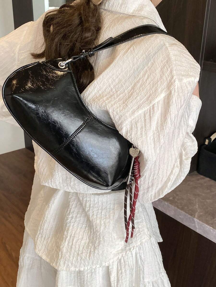 高品质腋下手提包，女士时尚休闲百搭单肩包，纯色新月形工作包 - 黑色 - 查看 1