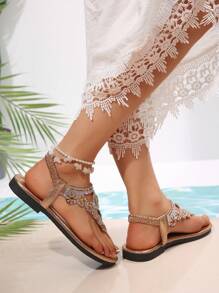 Women's Rhinestone Decor Thong Flat Sandals, Summer Bohemian Beach Shoes