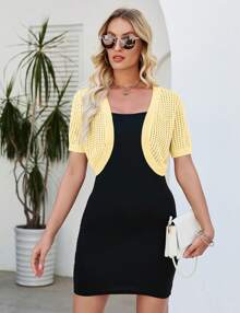 GoyRrbay Cárdigan de manga corta para mujer, tipo bolero, ligero, abierto al frente, de punto, tipo cárdigan, para vestido - Amarillo - Ver 2
