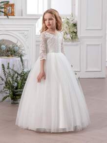 青少年女孩蕾丝边深 V 网眼派对礼服，优雅公主礼服，适合作为生日礼物、派对、婚礼伴娘、舞会、节日庆典 - 白色 - 查看 9