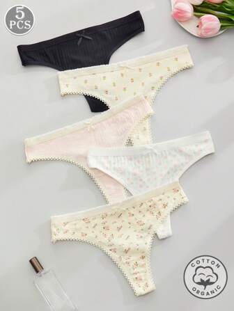 5件套女士内裤套装，简约可爱纯棉内裤，镂空花卉丁字裤