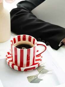 1件套红色条纹陶瓷杯碟套装，经典红白条纹陶瓷咖啡杯碟套装，英式下午茶，红茶杯碟，家用下午茶，咖啡，果汁，牛奶，水杯，送给朋友和同学返校的理想礼物