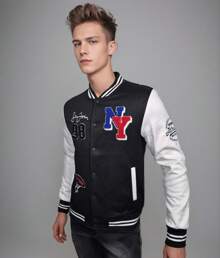 Chamarra beisbolera universitaria con bordado de New York para otoño e invierno - Negro - Ver 3