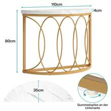 半月形金色控制台桌，43 英寸現代人造大理石入口桌，窄半圓形沙發裝飾桌，帶幾何金屬框架，適用於客廳、走廊，白色和金色 - 白色 - 查看 4