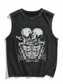 Plus Size Men Sleeveless Casual Top, Skull, Flame, Heart Kiss Print, Streetwear Round Neck Washed Tank Vest, Y2K Style Suitable For Daily Wear