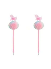 2pcs/Set Cartoon Unicorn Fluffy Pom Pom Ball Pen, Glittery Cylinder Shaped Pens, Student Children Gift Stationery, Random Tie-Dye Locations - Multicolor - View 14