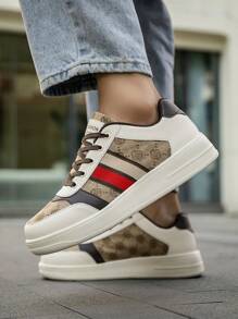 （尺码偏小）男士棕色复古随机印花系带休闲运动鞋，简约条纹撞色户外情侣运动鞋 - 米棕 - 查看 10