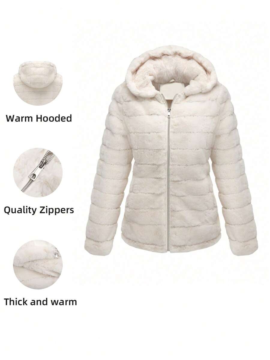 Women Faux Fur Coat Fleece Fuzzy Hooded Fluffy Shearling Sherpa-Lined Jacket - Màu be - Xem 1