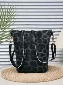 Minimalist Practical Multi-Function Drawstring Bucket Shoulder Bag Phone Bag Leopard Print For Women Wallet Purse Wallet - Black - View 3