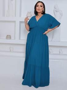 Plus Size Long Dress V Neck Short Sleeve - Teal Blue - View 1
