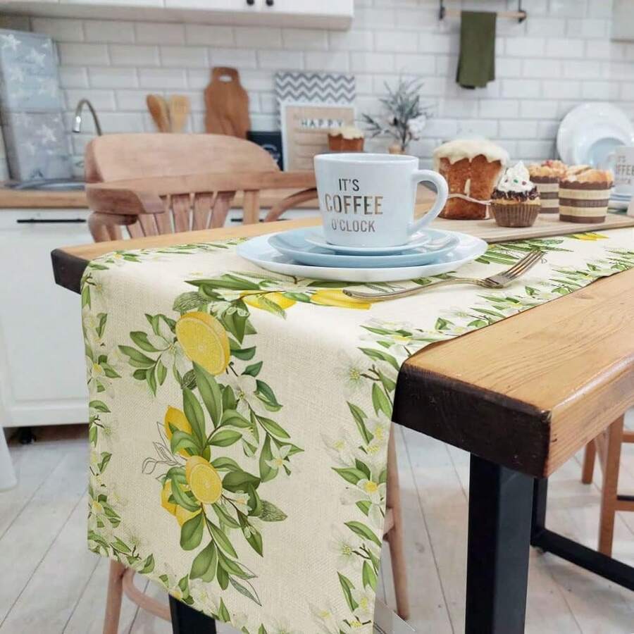 Mantel con motivos de hojas y flores de temporada, decoración de mesa de comedor de cocina con limones, decoración de mesa de comedor de estilo rústico en verde y amarillo - Multicolor - Ver 1
