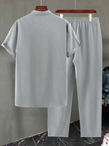Men's Linen Look Coconut Tree Single Breasted Short Sleeve Shirt With Drawstring Long Pants Set, Cozy Outfits - Grey - View 3