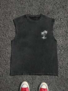 Men's Plus Size New Fashion Street Style Coconut Tree & English Letter Print Round Neck Washed Tank Top, Casual And Versatile Y2K Style, Suitable For Daily Wear - Black - View 2