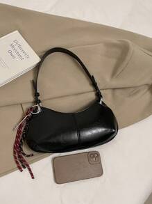 高品质腋下手提包，女士时尚休闲百搭单肩包，纯色新月形工作包 - 黑色 - 查看 7