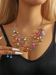 1pc Fashionable Boho Beach Retro Style Multi-Layer Shell Necklace & 1 Pair Crystal Bead Earrings For Women - Colorful - View 11