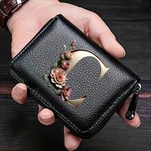 PU皮革字母印花风琴拉链卡包 女士男士钱包卡包零钱包信用卡夹 男士钱包，男士礼物 - 黑色 - 查看 16