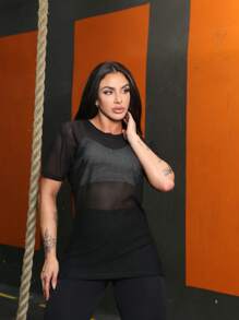 Blusa Manga Curta Tule Transparente Treino Academia Fitness - Preto - Visão 3