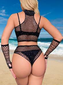 4pcs Set Rhinestone Mesh Sheer Tight Dress, Sexy Long Sleeve Lingerie, See-Through Rhinestone Studded Bodycon Mini Dress, Beach Cover Up - Black - View 2