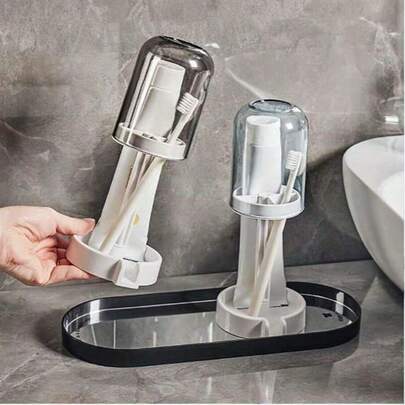带防尘盖的牙刷架，排水设计，塑料多功能浴室牙刷杯架，居家返校必备
