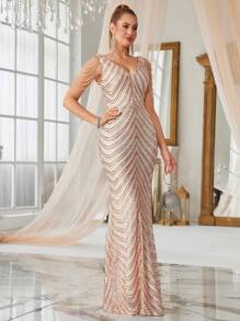 Sequin V-Neck Evening Dress, Women Party Dress, Wedding Guest Dress, Formal Dress, Gown