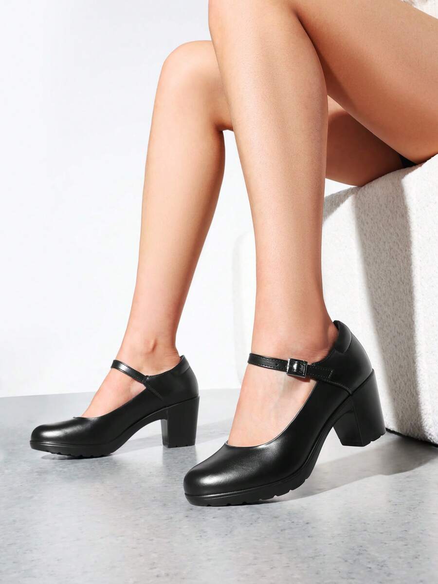Wide Fit Women's Chunky Low Block Heels Mary Jane Closed  Round Toe Work Pumps Comfortable Elegant Dress Wedding Shoes - màu đen - Xem 1