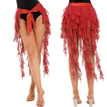 1pc Women's Belly Dance Hip Scarf Skirt With Tassel Hem And Waist Tie, Wavy Hem - Multicolor - View 16