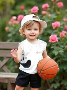2pcs Baby Boys' Sleeveless Crew Neck Cute Panda Print Top And Solid Color Shorts Set, Suitable For Daily Outings In Summer - White - View 1